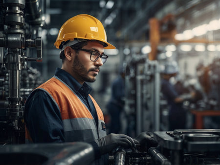 Engineer in safety helmet and glasses working in heavy industry factory.の素材