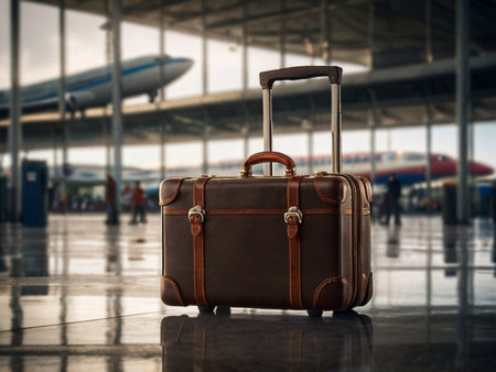 Suitcase in airport terminal. Travel concept. 3D Renderingの素材