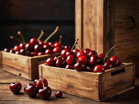 Cherries in a wooden box on a dark wooden background.の素材