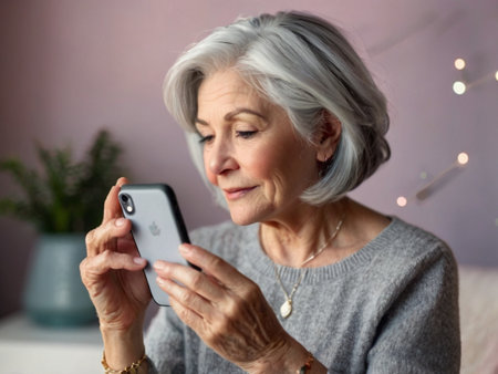 Portrait of a senior woman using mobile phone in the living roomの素材