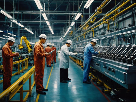 Production line. Group of factory workers in white uniform working on the production line.の素材