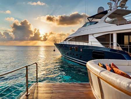 Luxury yachts and motor boats in the sea at sunsetの素材