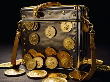 Gold coins and leather case on a black background. Business concept.の素材