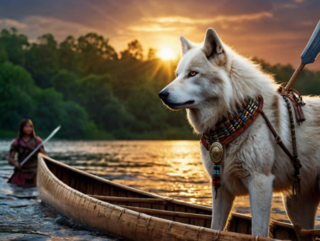 Siberian husky dog in a canoe on the river at sunsetの素材