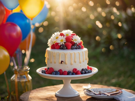 Birthday cake with fresh berries on a wooden table and balloons in the backgroundの素材
