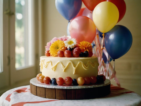 Birthday cake with colorful balloons and flowers. Selective focus.の素材