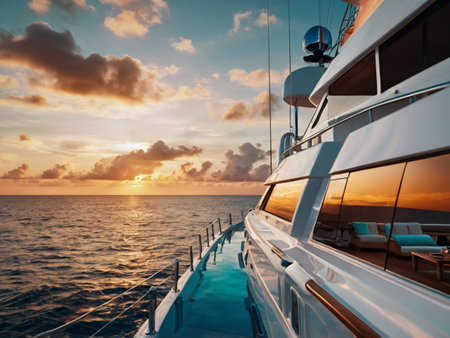 Luxury Yacht at Sunset on the Sea. Luxury Yachts at Sunset.の素材