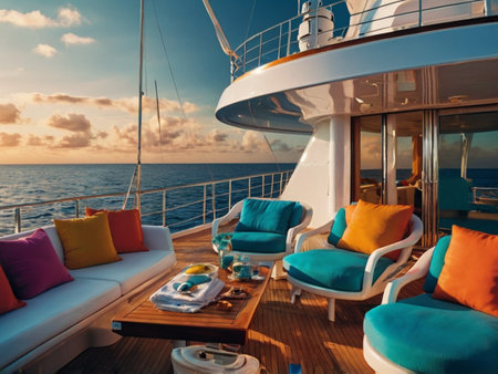 Luxury yacht with colorful pillows and chaise lounges on the deckの素材