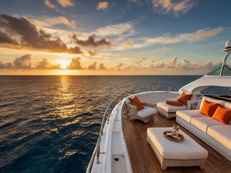 View from the deck of a luxury yacht during a beautiful sunset.の素材
