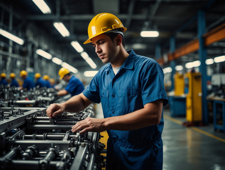 Industrial workers working in a factory. Industrial workers working in a factory.の素材