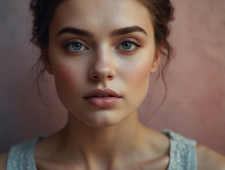 Portrait of beautiful young woman with clean fresh skin. Portrait of a girl with natural make-up.の素材