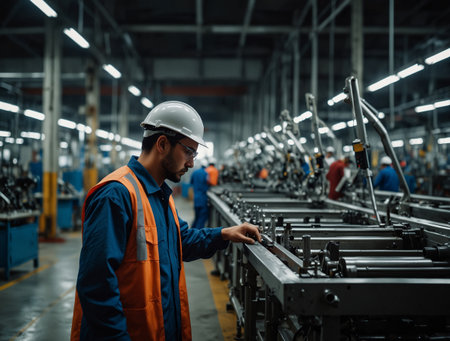 Factory worker working on a conveyor belt in a modern factory.の素材