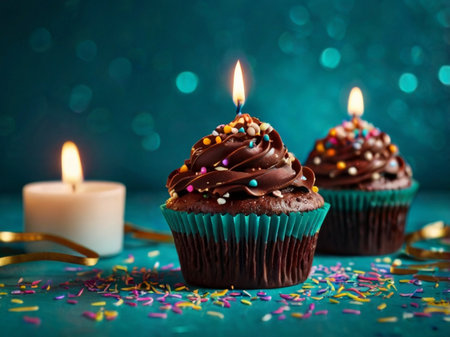 Birthday cupcakes with chocolate frosting and candles on turquoise backgroundの素材