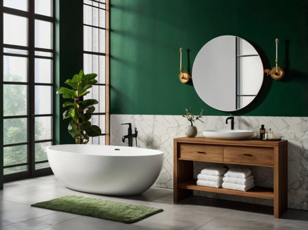 Interior of modern bathroom with green walls, tiled floor, comfortable white bathtub and round mirror. 3d renderingの素材