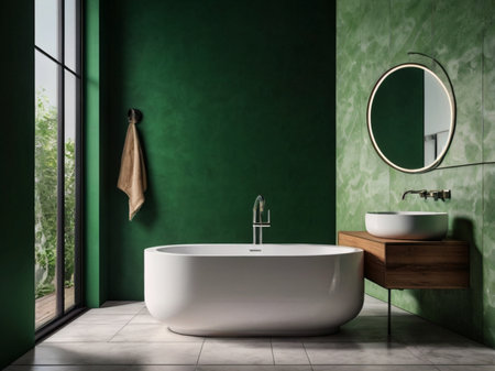 Interior of modern bathroom with green walls, tiled floor, white bathtub and round mirror. 3d renderingの素材