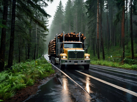 Truck on the road in the forest during a heavy rain.の素材