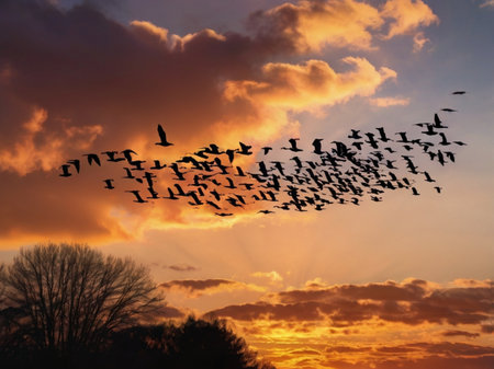 Flock of birds flying in the sky at sunset in the countrysideの素材