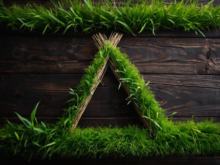 Green grass in the shape of a triangle on a dark wooden backgroundの素材