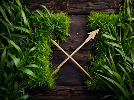 Wooden arrows in green grass on wooden background. Top view.の素材