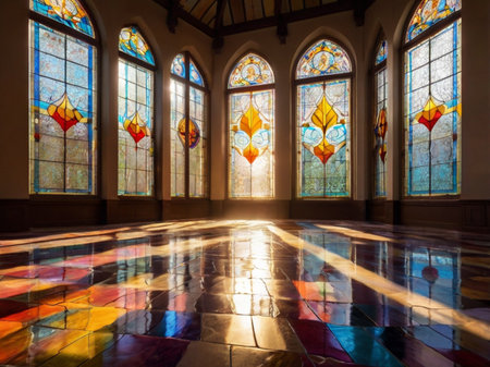 Colorful stained glass window in the church, Prague, Czech Republicの素材