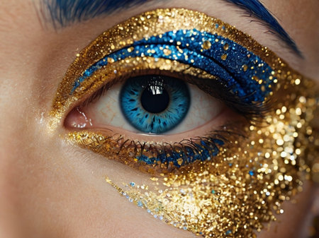 Close-up of a beautiful woman's blue eye with glitter makeupの素材