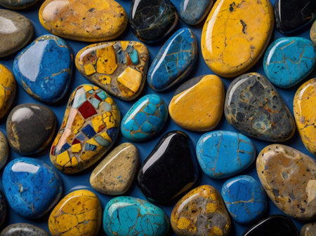 Colorful pebbles on a blue background. Toned.の素材