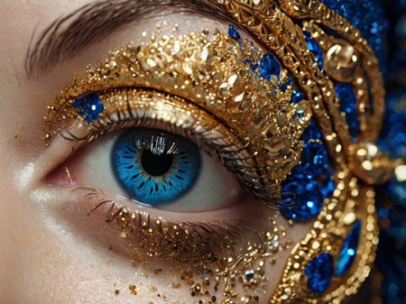 Close up of beautiful woman's eye with blue and gold make-up.の素材
