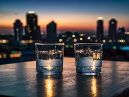 Two glasses of vodka with ice on the background of the city.の素材