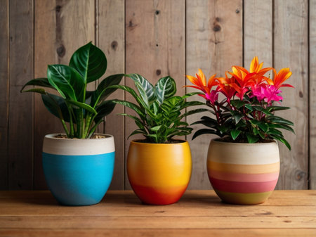 Beautiful houseplants in colorful pots on a wooden background.の素材