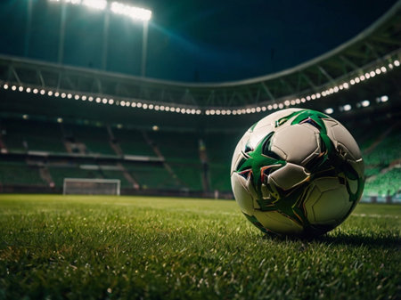 Soccer ball on the green grass of a soccer stadium at nightの素材