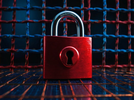 Red padlock on blue grid background. Concept of security and protection.の素材