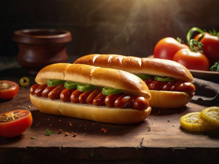 Hot dogs with sausages, ketchup and mustard on wooden backgroundの素材
