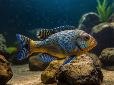 Cichlid fish swimming in the aquarium. Aquarium fish.の素材
