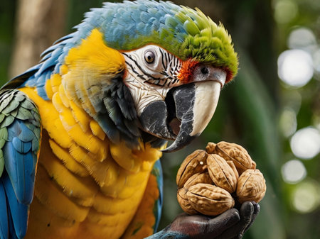 beautiful macaw parrot eating walnut in the zoo.の素材