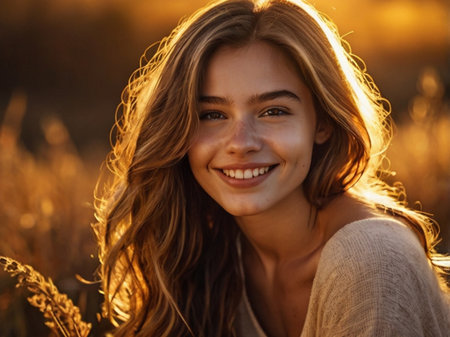 Close up portrait of a beautiful young woman smiling at the camera outdoorsの素材