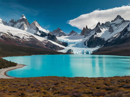 Patagonian landscape with snow-capped mountains and blue lakeの素材