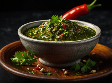Homemade Pesto Sauce with Parsley and Chili Pepper on Dark Backgroundの素材