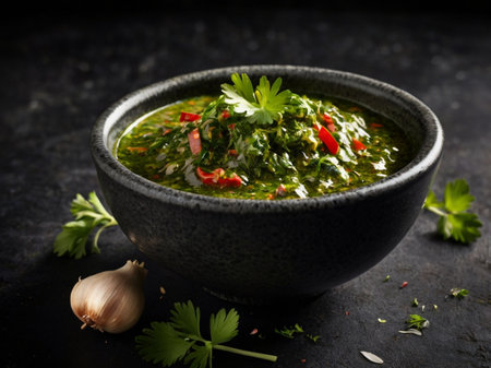 Traditional Mexican green pesto sauce in bowl on dark backgroundの素材