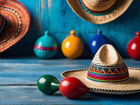 Mexican sombrero hat and maracas on blue wooden backgroundの素材