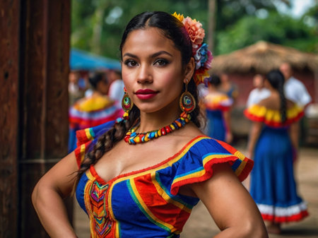 Unidentified woman in traditional costume at the Carnaval Andino con la Fuerza del Sol in Cartagena, Colombiaの素材