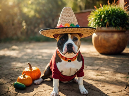 American Staffordshire Terrier dog in a Mexican sombrero sits on the ground next to pumpkins.の素材