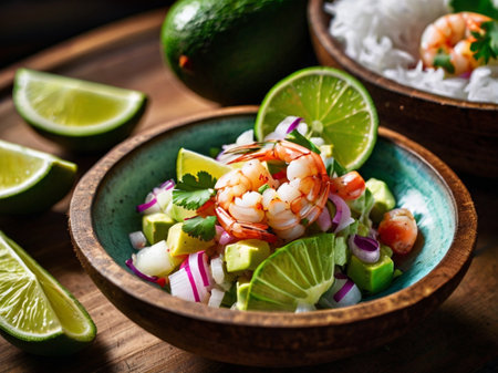 Tropical shrimp salad with avocado, lime and onion on wooden tableの素材