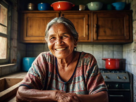 Portrait of a smiling senior woman sitting in the kitchen at homeの素材