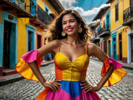 Beautiful young woman wearing colorful dress in the streets of Trinidad, Cuba.の素材