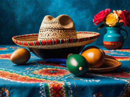 Traditional Mexican sombrero and maracas on blue backgroundの素材
