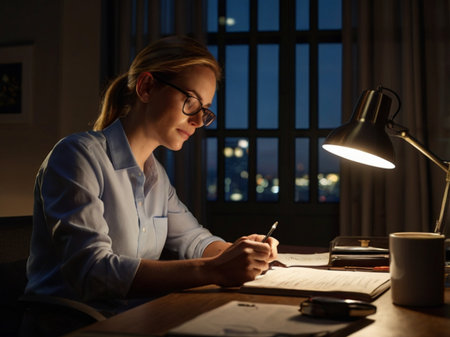 Young businesswoman working late at night in a dark office, writing notesの素材