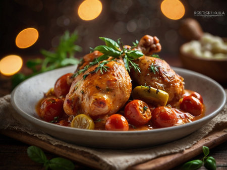 baked chicken legs with tomato sauce and herbs on a wooden backgroundの素材