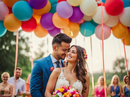 Wedding couple with colorful balloons on the background of the parkの素材