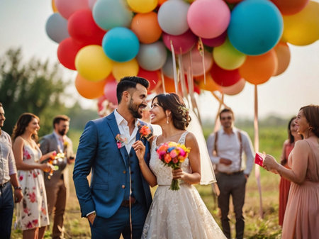 Wedding couple with colorful balloons celebrating their wedding day outdoors.の素材