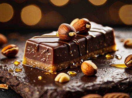 Chocolate with nuts on a dark background. Selective focus.の素材